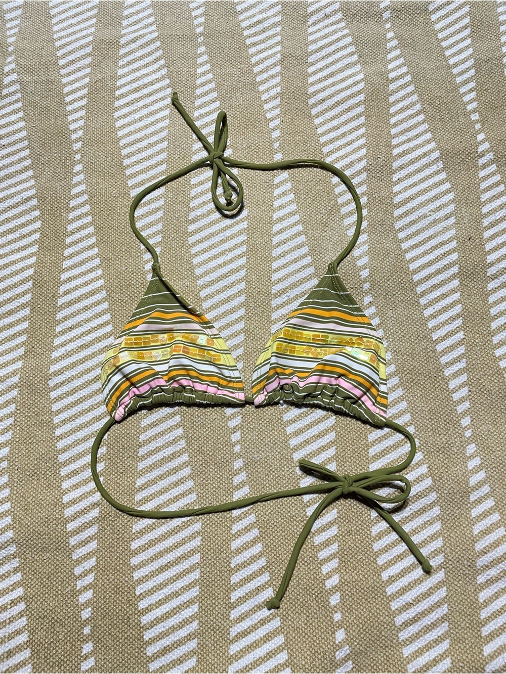 Vintage Y2K Pink Sands Olive Stripe Sequin Triangle Bikini Top – Size Medium EUC